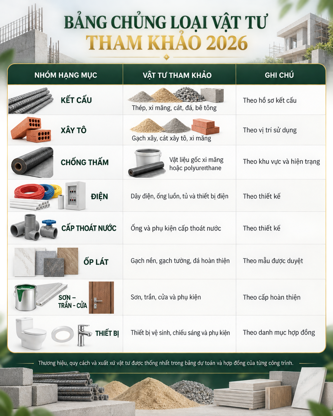 Bảng chủng loại vật tư xây nhà trọn gói tham khảo 2026 - Kiến An Thịnh